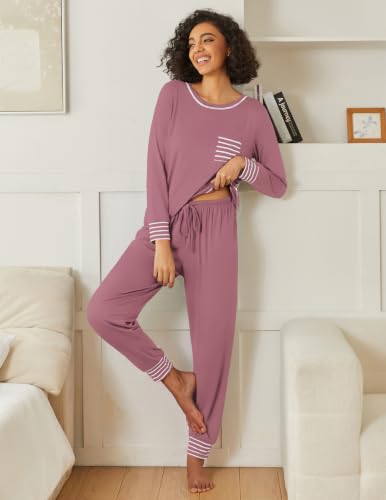 Image of Ekouaer 2 Pack Womens Pajama Sets Long Sleeve Lounge Sets Soft Pj Loungewear Sleepwear