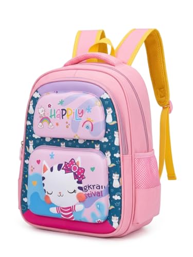 Mochila Escolar Infantil Feminina Rosa com Estampa de Gatinho e Arco-Íris, Happilly