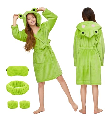 EPLAZA Girls Boys Fleece Robe with Eyemask Hairband wrist towels Kids Hooded Plush Lightweight Bathrobe Sleepwear