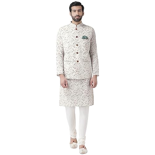 Image of KISAH Men White Floral Kurta with Churidar Jacket, Full Sleaves, Knee Length, Straight, Regular Fit, Mandarin Collar Ethnic Casual Traditional wear