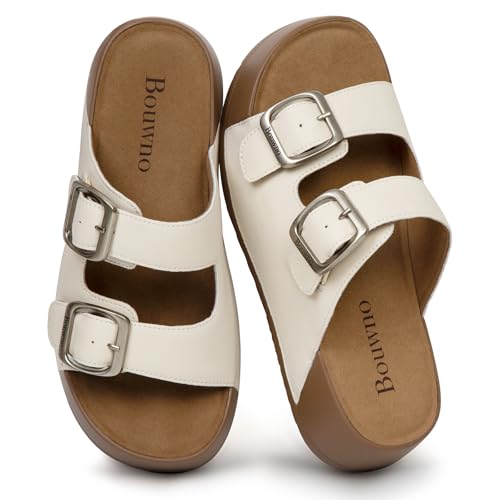Image of Platform Sandals Women Genuine Leather Slip-on Beach Slide Buckle Comfortable Sandals with Memory Foam Soft Lining and Open Toe Low Wedges