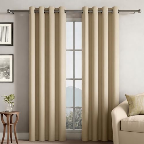 Image of Wakefit Solid Blackout Door Curtains 7 Feet | Set of 1 | Upto 80% Room Darkening Faux Silk Drapes | Thermal Insulated & Noise Reducing Curtains for Living Room & Home Decor | Beige
