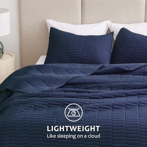 EXQ Home Quilt Set Full/Queen Size Navy 3 Piece,Lightweight Soft Coverlet Modern Style Stitched Quilt Pattern Bedspread Set for All Season(1 Quilt,2 Pillow Shams)