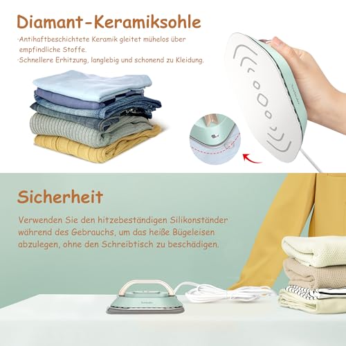 Newbealer Mini Reisebügeleisen mit Universalspannung 100-240V, Kompaktes Bügeleisen für Kleidung (kein Dampf), Keramikfläche, 150 °C Heißpress mit Sprühflasche, Beutel und Silikonständer, Grün