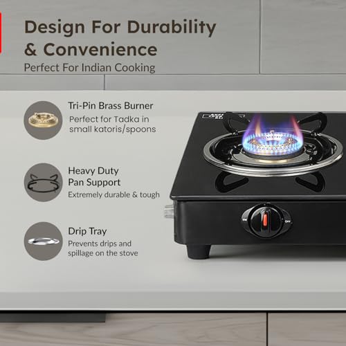Prestige Iris 3 Burner Gas Stove | Toughened Glass Top | Tri-Pin Brass Burners | Ergonomic Knob | Black | 2Y Warranty | ISI Certified