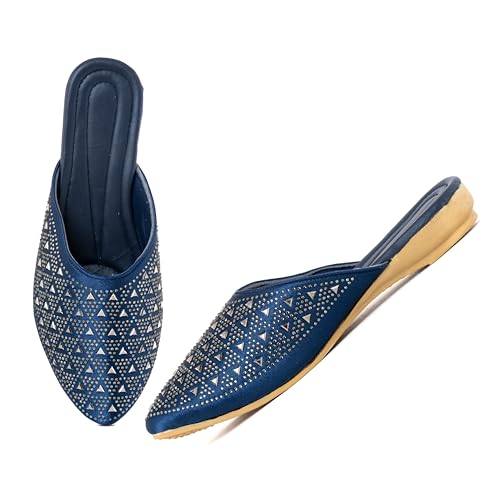 Image of Bellies for Women |Slip on Juttis Soft Padded |Stonework Mules for Ladies| Sparkling Upper |Back Open Casual Flats| Stylish Footwear Sandals for Ladies|Punjabi Mojari Half Shoes