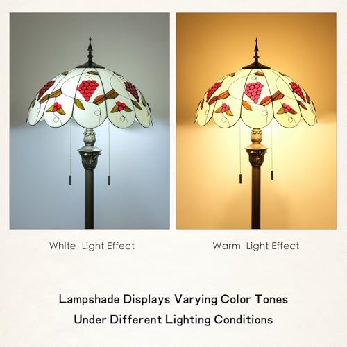 Image of Tiffany Style Floor Lamp, 16 inch Stained Glass Grapes Flower Floral Shade with Antique Bronze Base, 2-Light E26 Pull Chain Standing Reading Light for Living Room, Bedroom, 16x16x64 Inches