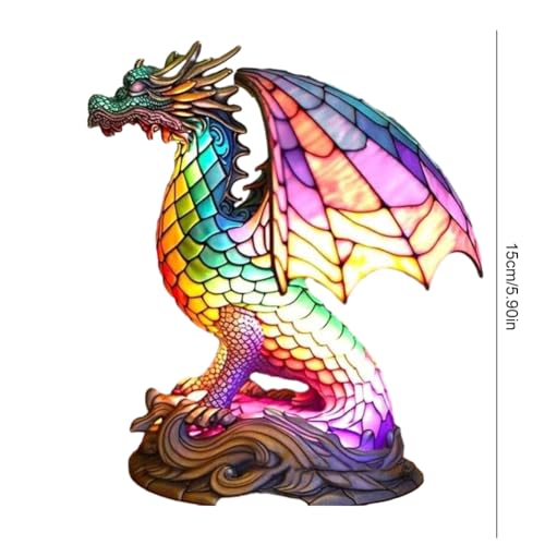 AJUBENCE Animal Table Lamp Series, Stained Glass Cat,Dragon,Wolf,Horse,Owl,Dolphin,Turtle,Elephant,Mermaid Table Lamp Night Light, Retro Resin Table Lamp for Bedroom Decoration (Dragon)