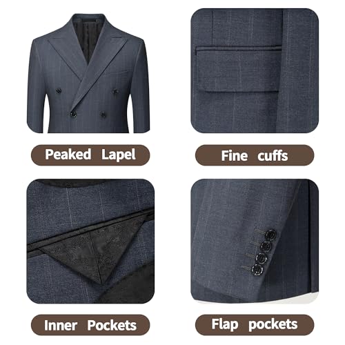 Men Suits 4 Pieces Slim Fit Tuxedo Blazer Peaked Lapel Striped Double Breasted Pants Shirt Tie Wedding Prom Business3