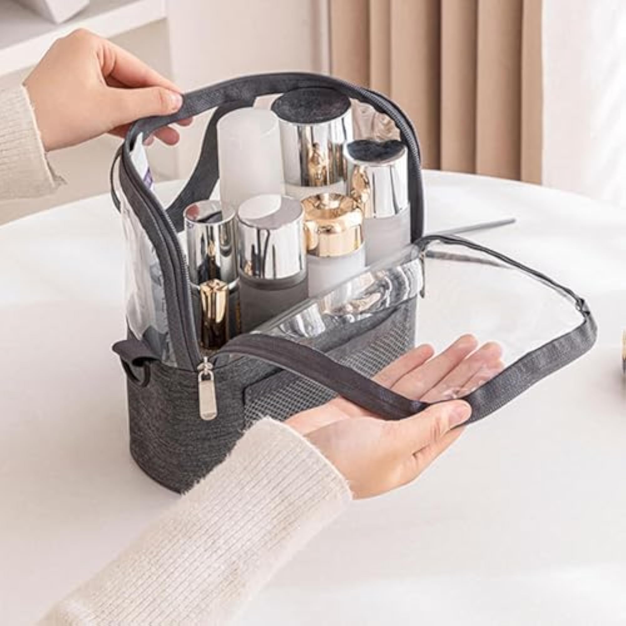 Women's Clear Travel Toiletries Makeup Wash Pouch, Gray