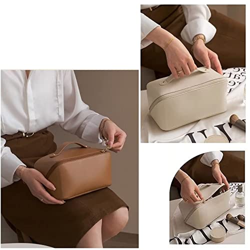 Denmer Large-Capacity Travel Leather Makeup Bag Cosmetic Bag Waterproof Portable Makeup Case Organizer Toiletry Bag Makeup Box For Skincare Cosmetics Toiletries With Handle And Divider White #TOP5