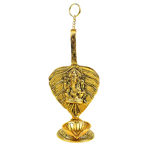 Metal Ganesh Wall Hanging Diya Deepak Oil Lamp, Leaf Oxidized White Gold Plated Indian Traditional Pooja Item Decor Decorations for House Home Gift Items