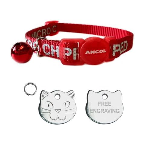 Ancol I Am Microchipped Cat Collar with Safety Buckle, Red, and FREE Cat Face Silver Engraved Pet Tag Cover