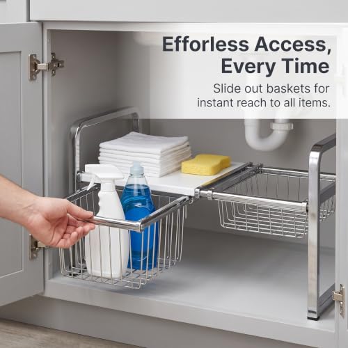Organizador ajustable para debajo del fregadero, estante metálico independiente para almacenamiento en cocina y organizador para mueble inferior miniatura 6
