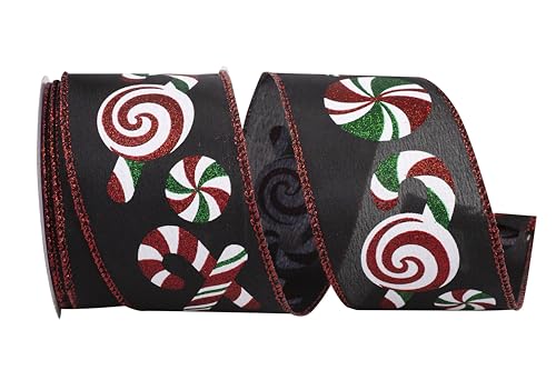 Reliant Ribbon 93985W-031-40F Peppermints and Candy Cane Sundry Linen Wired Edge Ribbon, 2-1/2 Inch X 10 Yards, Black