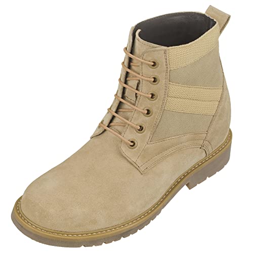 CALTO Men's Invisible Height Increasing Elevator Shoes - Desert Sand Suede Lace-up High-top Military Boots - 3.2 Inches Taller - S9012 - Size 8 D(M) US