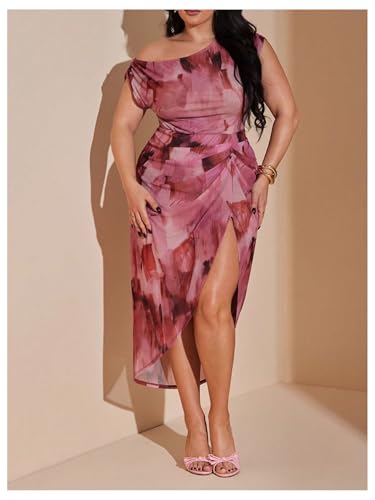 Image of Floerns Women's Plus Size Asymmetrical Neck Long Dress Ruched Slit Hem Cocktail Dress