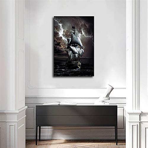 Gcocl Black Sailing Ship Painting Retro Poster And Printmaking Ship Wall Picture On Ocean Canvas For Living Room Decoration (No Framed,24X36Inch) #TOP1