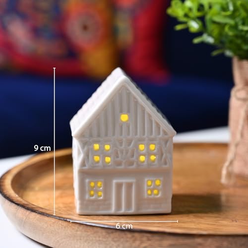 Image of MARKET 99 House-Shaped Decorative T-Lite Showpiece | Battery-Operated LED Tealight Figurine for Home, Office, Bedroom & Cabinets | Modern Accent Light for Festive Decoration (Ceramic Material)