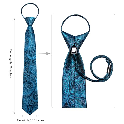 Image of Hi-Tie Teal Zipper Ties for Men Paisley Adjustable Pre-Tied Necktie Lapel Pin Pocket Square Cufflinks Set