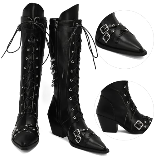 Women Goth Cowboy boots Gothic Steam Punk Boots Knee High Buckles Rrivets Witch Boots Pirate Vintage Block Rave Western Boots3