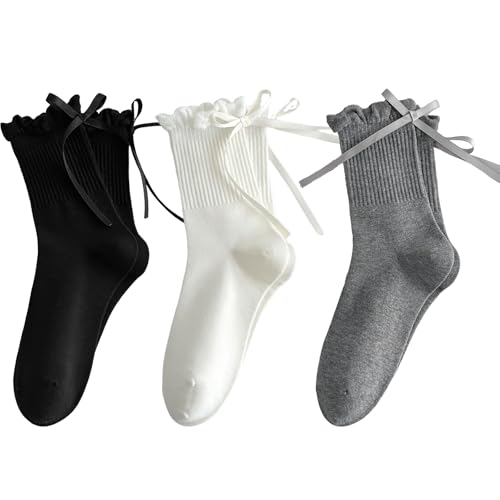 Dcozrr Womens Cute Bow Socks - Novelty Fun Ruffled Socks with Bow Casual Cotton Funny Crew Socks - 1 Milky White + 1 Black + 1 Grey