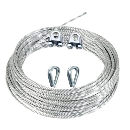 Image of Stainless Steel Cable Wire Rope for Hoisting, (20 Mtrs Length, with 2 Uclamp 2 Thimble, 5 MM Diameter)