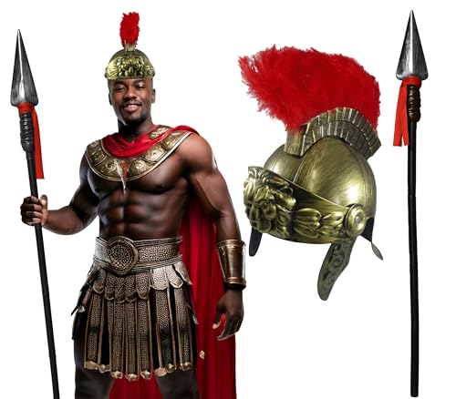 Nicky Bigs Novelties Medieval Roman Knight Helmet And Spartan Spear Prop Set Greek Spartan Gladiator Soldier Costume Accessories Fake Plastic Halloween Weapons for Men Women Adults