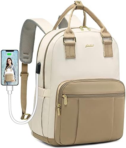 Laptop Backpack Women Student Bookbag: 15.6 Inch Stylish Nurse Computer Back Pack Teacher Travel Bags with USB Charging Port Casual Backpack Small Business Work Book Bags for College School Gift Khaki