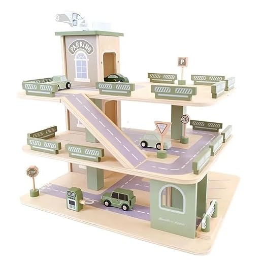 Bandits & Angels Holzspielzeuggarage Bandits Parkerlebnis mit 3 Etagen und Aufzug – inklusive 4 Autos – Spielzeugautogarage aus Holz – Retro-Grün