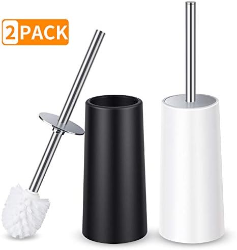 Toilet Brush And Holder Stainless Steel, HOMTOYOU Length Handle Toilet Bowl Brush Scrubber Set With Durable Bristles And Sturdy Stand For Toilet And Bathroom (White And Black 2 Pack) (Black)