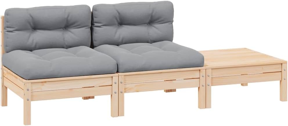 3 Piece Patio Lounge Set, Solid Pinewood Frame, Gray Cushions, Modular Outdoor Furniture for Garden, Balcony, Deck, 25" x 25" x 24.6" Middle Sofa