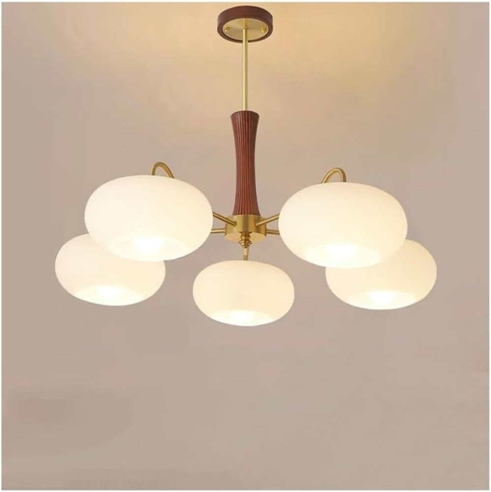 LYOUAE Mid Century Rustic Wood Brushed Brass Chandelier Farmhouse Milk Glass Semi Flush Mount Ceiling Light 5-Light Hanging Pendant Light