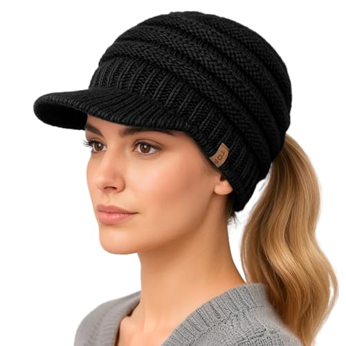 TOP-EX Beanie Damen Wolle Warme Winter Mütze mit Fleecefutter Strickmütze mit Schirm Pferdeschwanz Schwarz