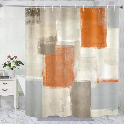 HZTLIN Abstract Geometric Style Shower Curtains, Orange and Gray Retro Fabric Shower-Curtain, Rustic Style Bathroom Decoration Shower Curtain Set with 12Pcs Plastic Hooks 72 x 72-Inch