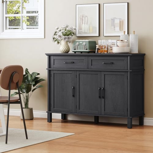 Image of ONBRILL 48 Inches Buffet Cabinet with Storage, Farmhouse Sideboard Buffet w /2 Drawers and 3 Doors, Wood Coffee Bar Cabinet with Adjustable Shelves, Sideboard Storage for Kitchen, Living Room, Black