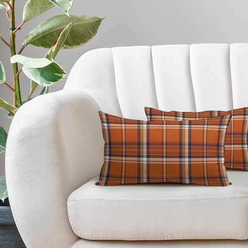 Sweetshow Fall Plaid Lumbar Pillow Covers 12X20 Set Of 2 Orange Blue Buffalo Plaid Tartan Print Decorative Throw Pillows Outdoor Pillowcase Rectangular Linen Farmhouse Cushion Case Decor thumb #1