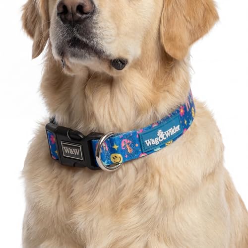 Image of Wag and Wilder Heavy Duty Adjustable Dog Collar for Large Dogs - Quick Release Buckle & Metal D-Ring (Groovy Trails Blue)