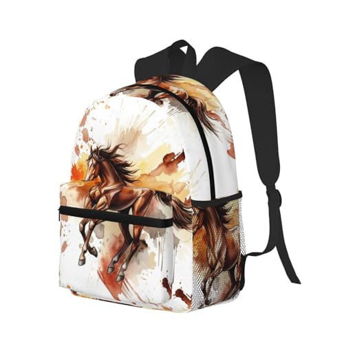 Durable Polyester Rucksack for Traveling & Camping Backpack Men Women, Wild Black Animal Watercolor Horse Painting Bags, Large Capacity Multipurpose Anti-Theft Bookbag Waterproof2