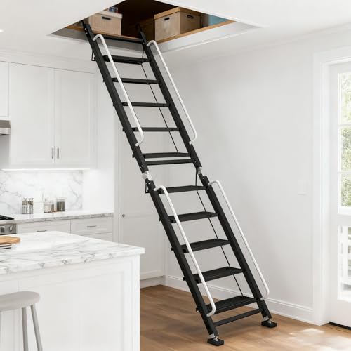 Foldable Aluminum Loft Ladder with Handrails, 10 Steps
