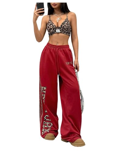 COZYEASE Women's Leopard Letter Graphic Sweatpants Straight Leg Drawstring Waist Striped Y2K Pants
