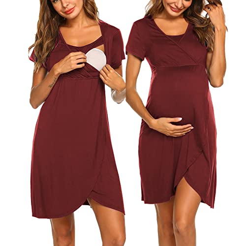 Image of Ekouaer Nursing Nightgown 3 In 1 Maternity Nightgown Short Sleeve Nursing Gown Breasfeeding Sleepwear Delivery Dress