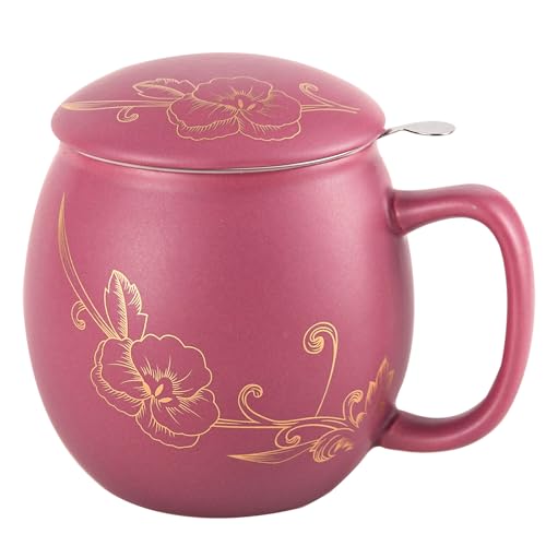 Yundu - Vaso de cerámica de 360ml con tapa y colador de acero inoxidable – Diseño mate en color lila con flor dorada, filtro de té de acero inoxidable 304 para té suelto, regalo para amantes del té