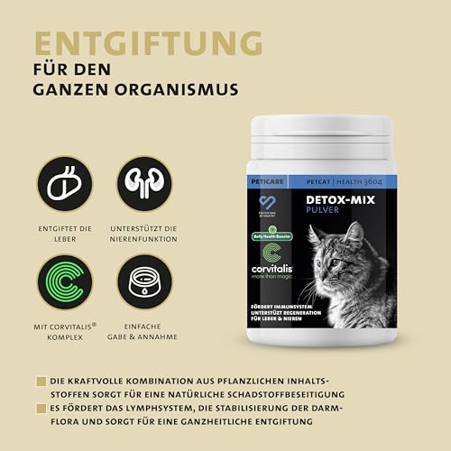 Peticare Detox Entgiftung Pulver für Katzen | Reinigende Formel unterstützt Leber & Nieren, fördert Verdauung & Immunsystem | mit Mariendistel, MSM | natürliches Ergänzungsfutter | petCat Health 3604