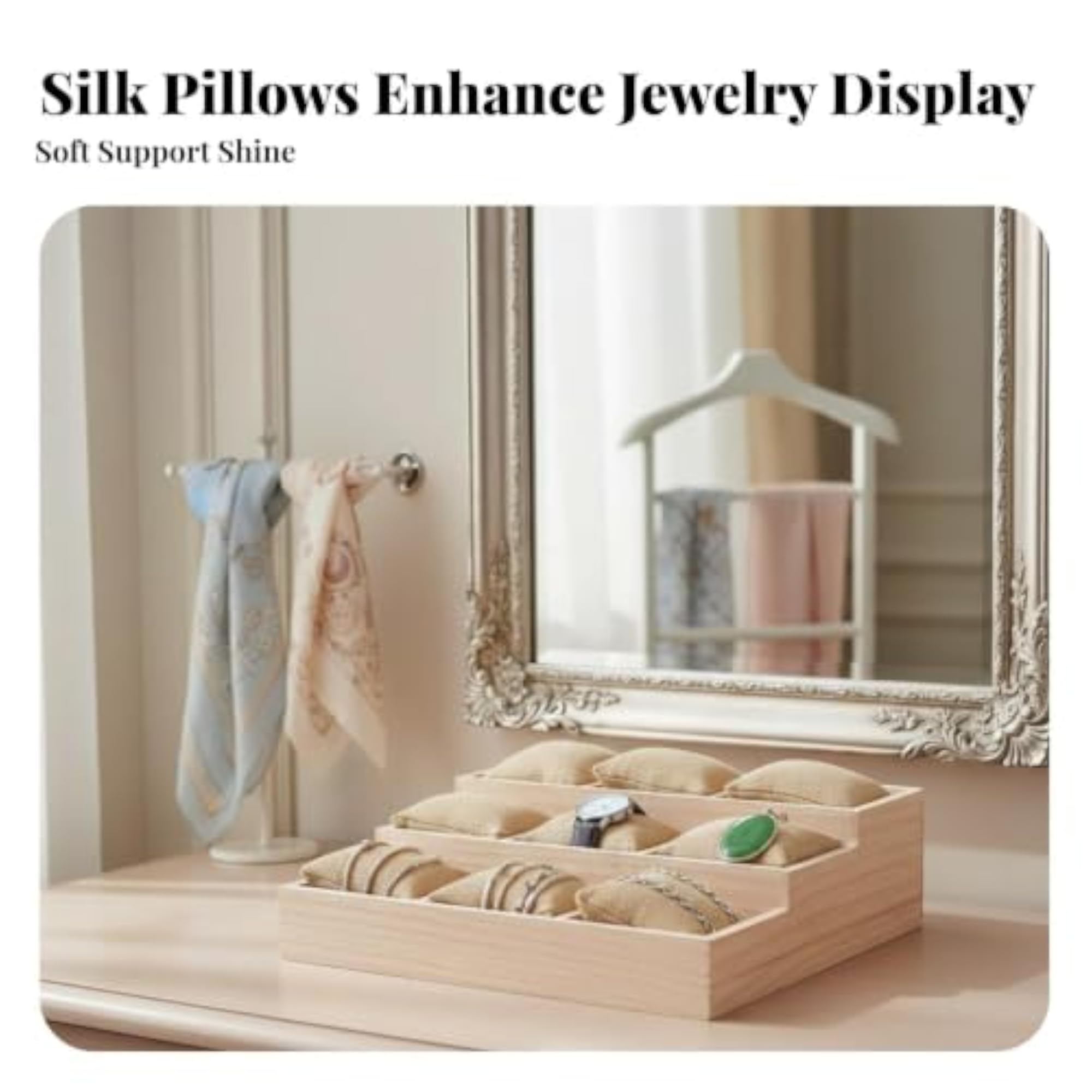 Jewelry Display Tray with Pillows, Solid Wood Frame