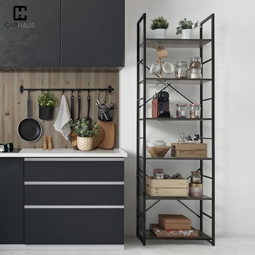 Image of CAPHAUS 6 Tier Bookshelf, 24 Inch Width Free Standing Shelf, Bookcase Shelf Storage Organizer, Industrial Book Shelves for Home Office, Living Room, Kitchen, Dark Grey Vintage Shelves & Metal Frame