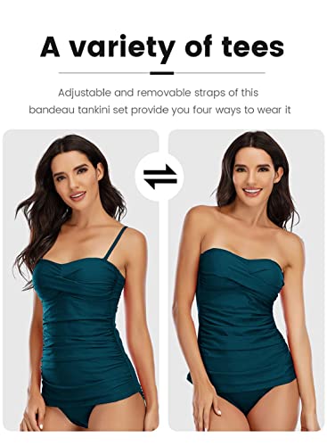 Yutdeng Trajes de Baño Mujer 2 Piezas Tankini Bandeau con Tirantes Desmontable Bañador sin Tirantes Bikini Push Up con Tanga Tankinis Mujer Tallas Grandes Bañador Vientre Plano,Azul,M