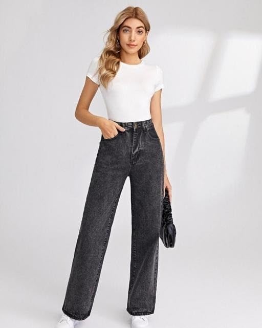 Image of SHAYM Enterprises Women Relaxed Fit Grey Denim Wide Leg Jeans Modern High Rise Fashion Bottom
