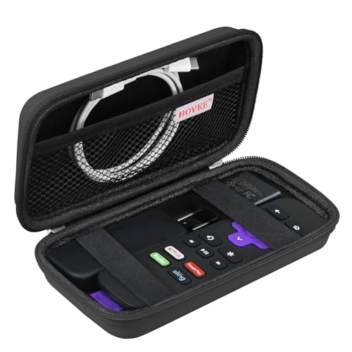 BOVKE Hard Case for Roku Voice Remote Controller, Roku Streaming Stick+ / 4K, Roku Remote Case for Roku TV Steaming Stick 3820R/ 3821R/3941R, Extra Mesh Pocket for Adapters, Cables, Black+Black