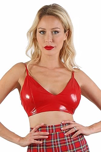 MISS NOIR Damen Wetlook Sexy Top Vinyl-BH Verstellbaren Trägern Dreifach Verstellbarem Rückenverschluss Clubwear, Rot (203701-RD), M
